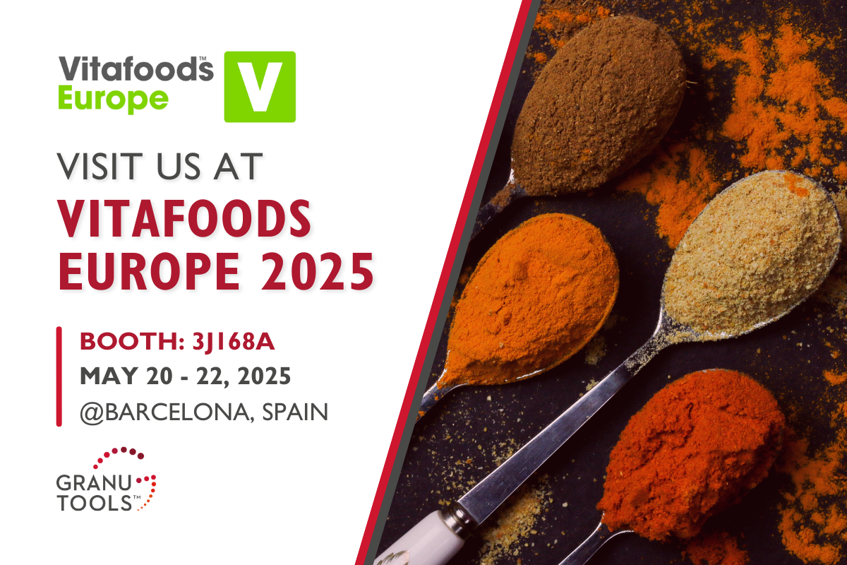 banner of Granutools to share that Granutools will attend VitaFoods Europe 2025 from May 20 to 22 in Barcelona, Spain